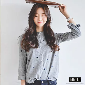 【Jilli~ko】韓版樹葉刺繡條紋襯衫　FREE直條