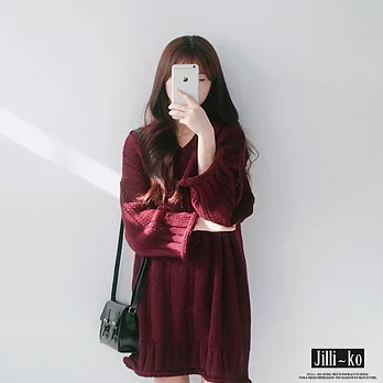 【Jilli~ko】韓版V領麻花毛線連衣裙　FREE深紅