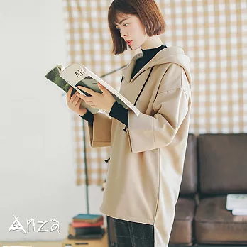 【AnZa】韓版休閒中長款連帽寬袖毛呢上衣 (4色)FREE淺棕