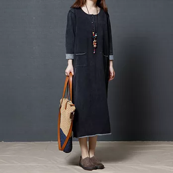 【A.Cheter】日式寬鬆雙口袋棉織長洋裝 101043M黑