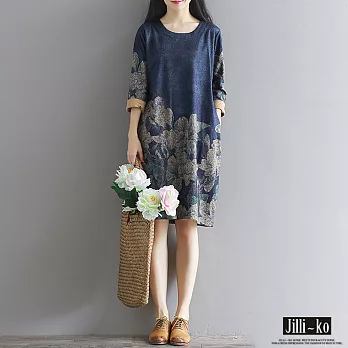 【Jilli~ko】文藝復古印花連身裙-F　FREE藍色