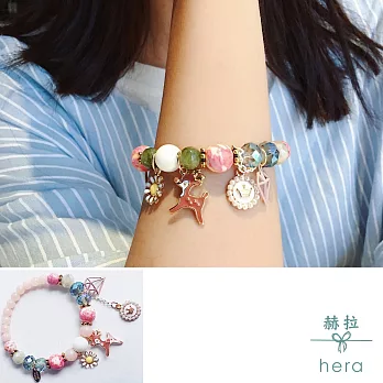 【Hera】赫拉 小清新天然石粉晶小鹿珍珠皇冠鑽石串珠手鍊手串(粉色系)