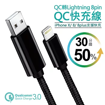 蘋果Apple Lightning 8pin QC快充線15W閃充編織線 充電線黑色