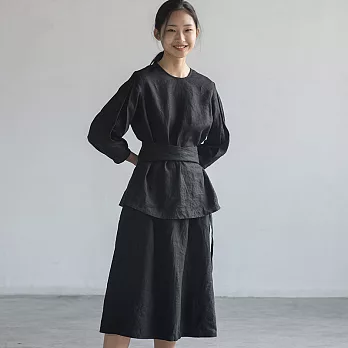 旅途原品_如歌_亞麻燈籠袖套裝 S-XL　L黑色