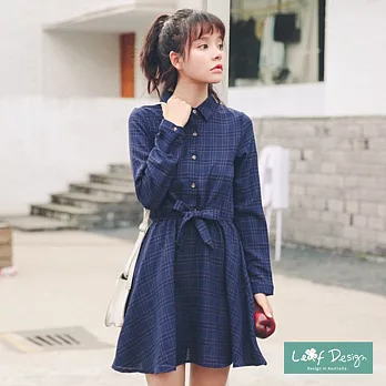 【LEAF DESIGN】韓國學院感格子洋裝L深藍