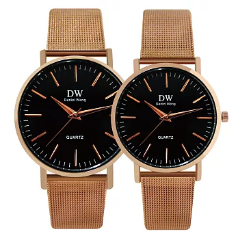 Daniel Wang DW-3192 時尚簡約氣質玫色指針優雅米蘭針織鐵帶錶 - 玫帶黑面 小型