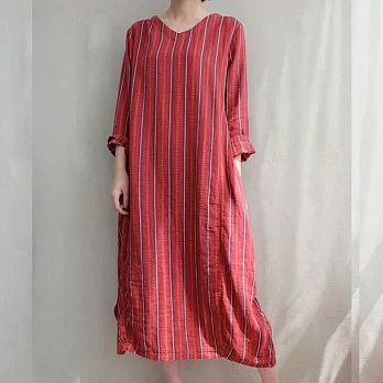 【A.Cheter】波西米亞風棉麻感V領豎條紋寬鬆連衣裙101797F紅