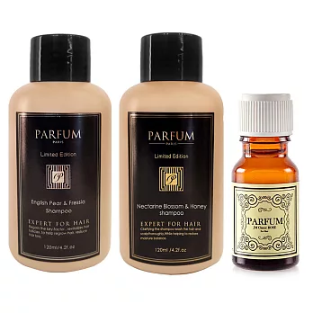 Parfum 巴黎帕芬 香氛精油洗護髮3件旅行組(小蒼蘭洗髮精+杏桃花洗髮精+紅玫瑰護髮油)