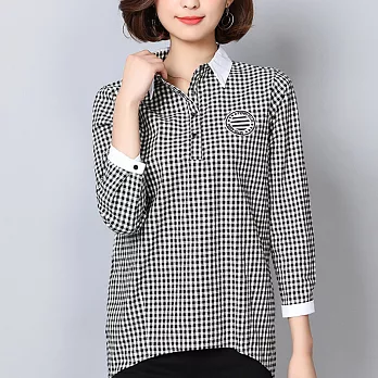 【MsMore】韓版寬鬆POLO領格子長袖襯衫101846M黑白