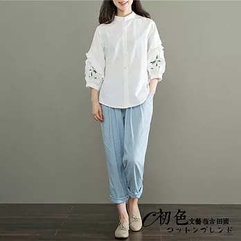 【初色】文藝立領刺繡七分袖襯衫-白色-91386(M-2XL可選)M白色