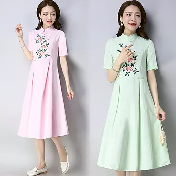 【NUMI】森-純色繡花立領連衣裙-共2色-51785(M-XL可選)M綠色