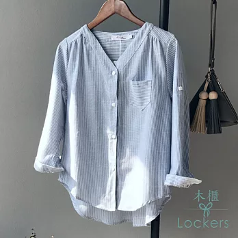 【Lockers 木櫃】條紋V領單口袋襯衫/2色藍色