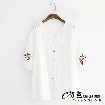 【初色】文藝點點扣花朵刺繡襯衫-白色-91529(F可選)F白色