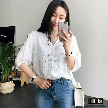 【Jilli~ko】韓版鏤空刺繡襯衫-F 1660　FREE白色