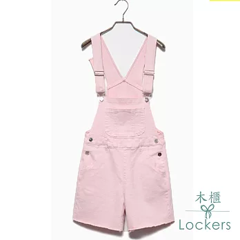 【Lockers 木櫃】 韓版可愛牛仔背帶修身短褲-3色粉紅色