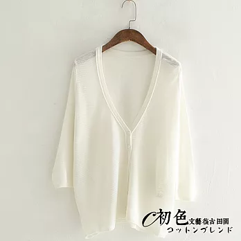 【初色】韓版寬鬆針織V領開衫薄防曬衣-共6色-91587(F可選)F白色