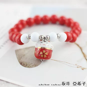 『井.亞希子』日系招財貓造型手工陶瓷串珠手鏈 -紅色