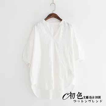 【初色】日系清新純色V領刺繡上衣-白色-91617(F可選)F白色