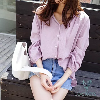 【Lockers 木櫃】 韓款淑女半開領棉麻襯衫-2色淺紫色