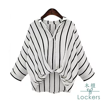 【Lockers 木櫃】 寬鬆豎條紋造型棉麻襯衫(白色)