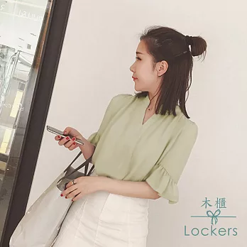 【Lockers 木櫃】 半開領雪紡五分喇叭袖襯衫-2色(綠色)