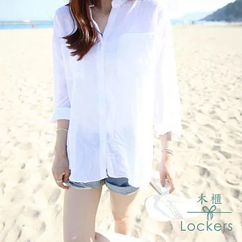 【Lockers 木櫃】 寬鬆棉麻立領長袖襯衫-3色(白色)