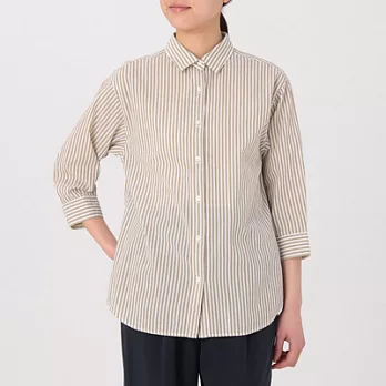 [MUJI無印良品]女有機棉楊柳織直紋七分袖襯衫L米色