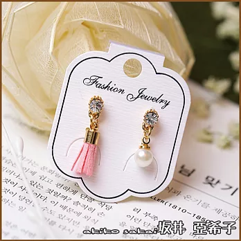 『坂井.亞希子』甜美氣質迷你流蘇珍珠鑲鑽不對稱耳環 -粉紅色