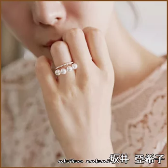 『坂井.亞希子』優雅珍珠鑲鑽二連風戒指 -白金色