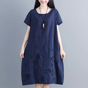 【A.Cheter】韓版藝術立體織花棉麻寬鬆洋裝102634M深藍