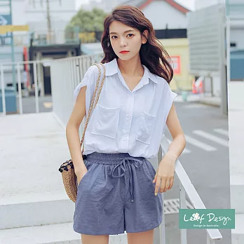 【LEAF DESIGN】韓版自然風格鬆緊顯瘦涼感寬版短褲裙FREE藍