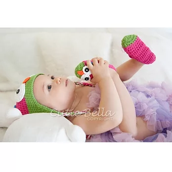 Cutie Bella手工編織嬰兒鞋帽組Owl-Fuchsia/Lime