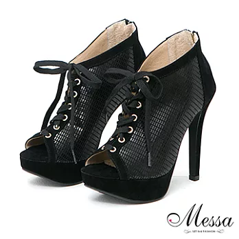 【Messa米莎】(MIT)派對女孩皮紋綁帶內真皮魚口高跟踝靴-兩色34黑色