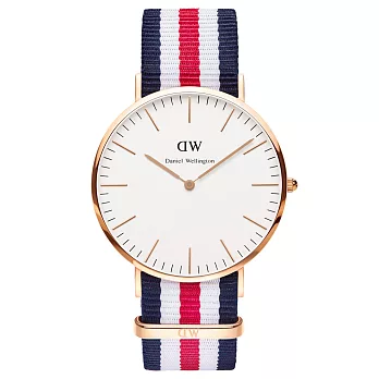 Daniel Wellington Canterbury時尚男錶-玫瑰金框/藍白紅帶0102DW