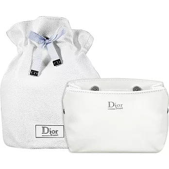 Dior 迪奧 壓紋磁扣Beaute化妝包(白)+星鑽束口圓桶袋