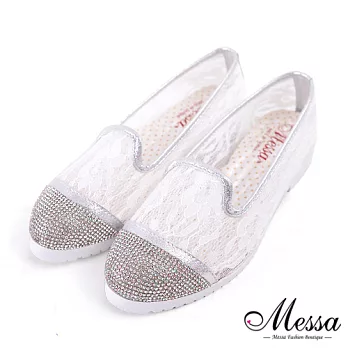【Messa米莎專櫃女鞋】MIT 裸肌感蕾絲網布拼接水鑽滾邊樂福鞋-三色35銀色
