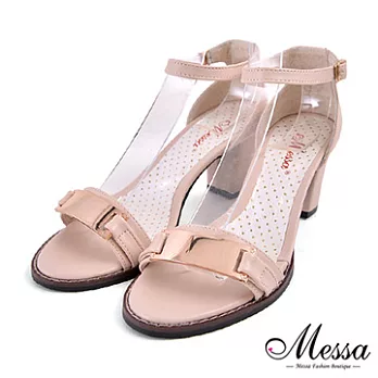 【Messa米莎專櫃女鞋】MIT 韓風簡約金屬一字繫踝內真皮高跟涼鞋37米色