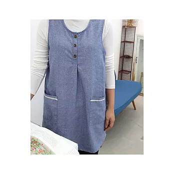 [Mamae] 出口韓國 時尚短款鈕扣麻棉圍裙 簡約風格 成人廚房圍裙藍色