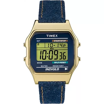 【TIMEX 】天美時經典復古80電子腕錶 (金殼/牛仔單寧帶 TXT2P77000)