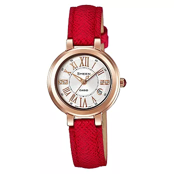 CASIO SHEEN羅馬炙熱華洛世奇晶鑽腕錶-玫瑰金眶紅皮帶
