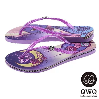 QWQ夾拖的創意(女) - 猫咪塗鴨 Moon Night&Cat 側鑽鍊夾腳拖鞋 - 渲紫35紫