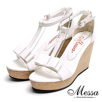 【Messa米莎專櫃女鞋】MIT甜美蝴蝶結T字繫踝楔型涼鞋39白色