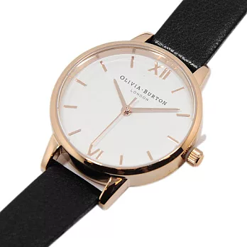 Olivia Burton London 英倫復古精品手錶 優雅小錶面 黑色皮革錶帶 玫瑰金錶框 30mm