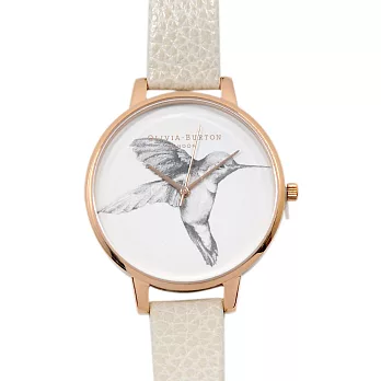 Olivia Burton 英倫復古手錶 林地迷你蜂鳥 白色真皮錶帶 玫瑰金錶框 38mm