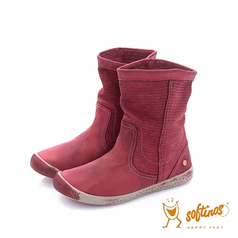 Softinos(女) - HAPPY FEET 十字壓紋超軟牛皮中筒短靴 - 温度紅36温度紅