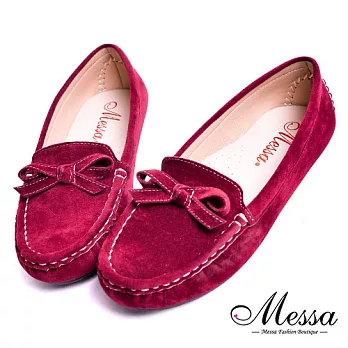 【Messa米莎專櫃女鞋】MIT俏麗好走蝴蝶結縫線造型蜜桃絨豆豆鞋35酒紅色