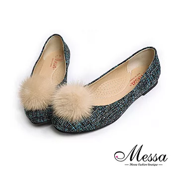 【Messa米莎專櫃女鞋】MIT俏麗女孩溫暖大毛球編織質感內真皮娃娃鞋38米色