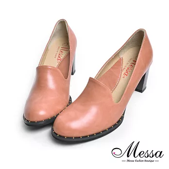 【Messa米莎專櫃女鞋】MIT個性仿牛皮質感鉚釘素面內真皮粗跟包鞋35咖啡色