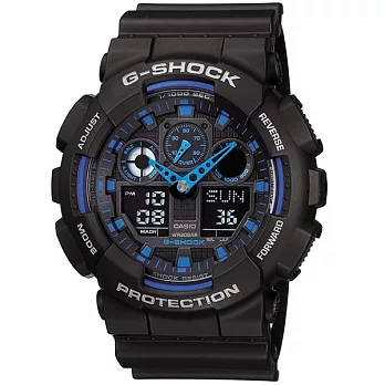 【CASIO】卡西歐 G-SHOCK系列 個性機械感三眼雙顯電子錶 (黑/藍 GA-100-1A2)