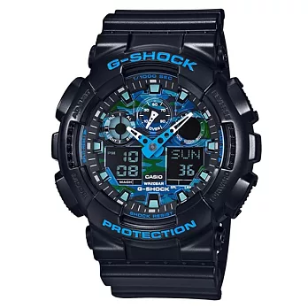 【CASIO】卡西歐 G-SHOCK系列 酷炫迷彩設計雙顯電子錶 (藍 GA-100CB-1A )